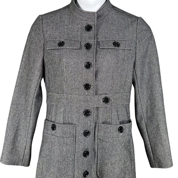 High Style Womens M Wool Gray Military Inspired Herringbone Tweed Coat Old Money - Picture 8 of 16